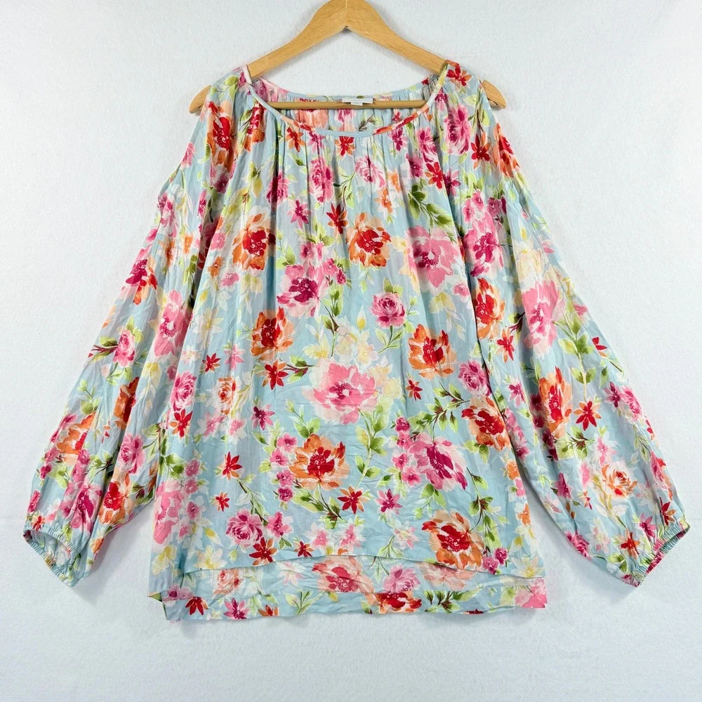 J. Jill Flowy Blouse Womens 3X Cold Shoulder Blue Floral Boho Cottagecore Top